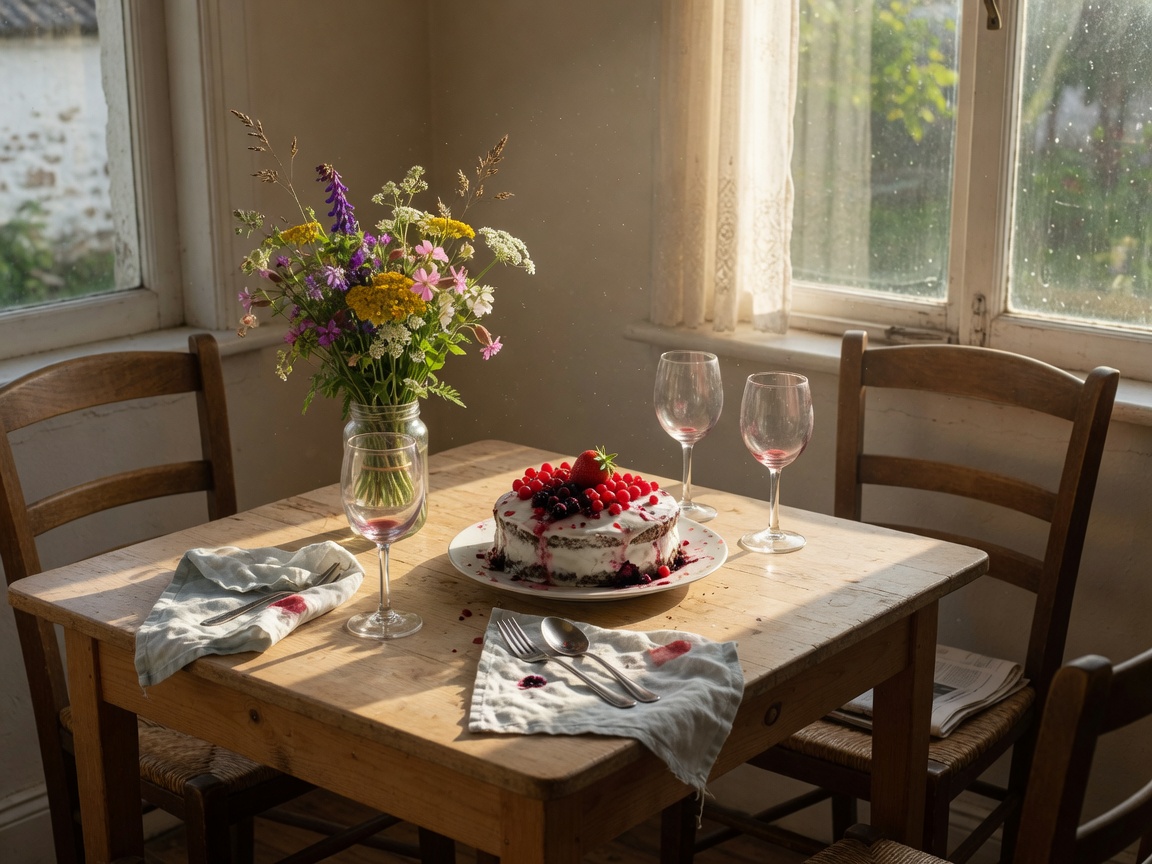 Gedeckter Tisch mit Torte und Blumen für eine Feier