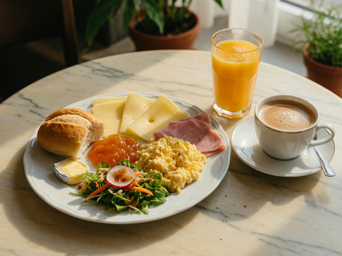 Frühstücksteller mit Kaffee und Orangensaft